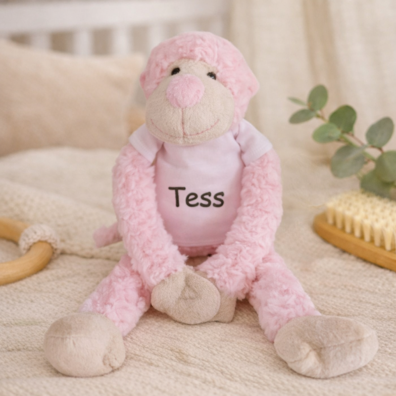 Knuffel aap met naam - roze