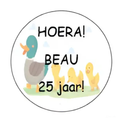 Sticker - Etiket verjaardag eend                            per vel = 24 stuks