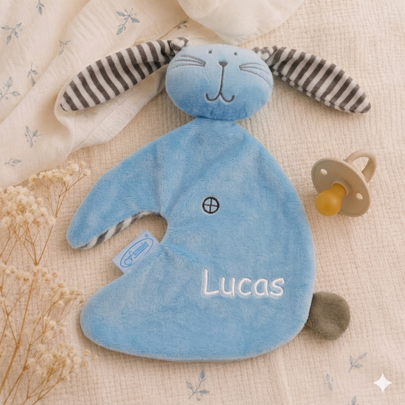 Knuffel tutdoek met naam (blauw) - konijn