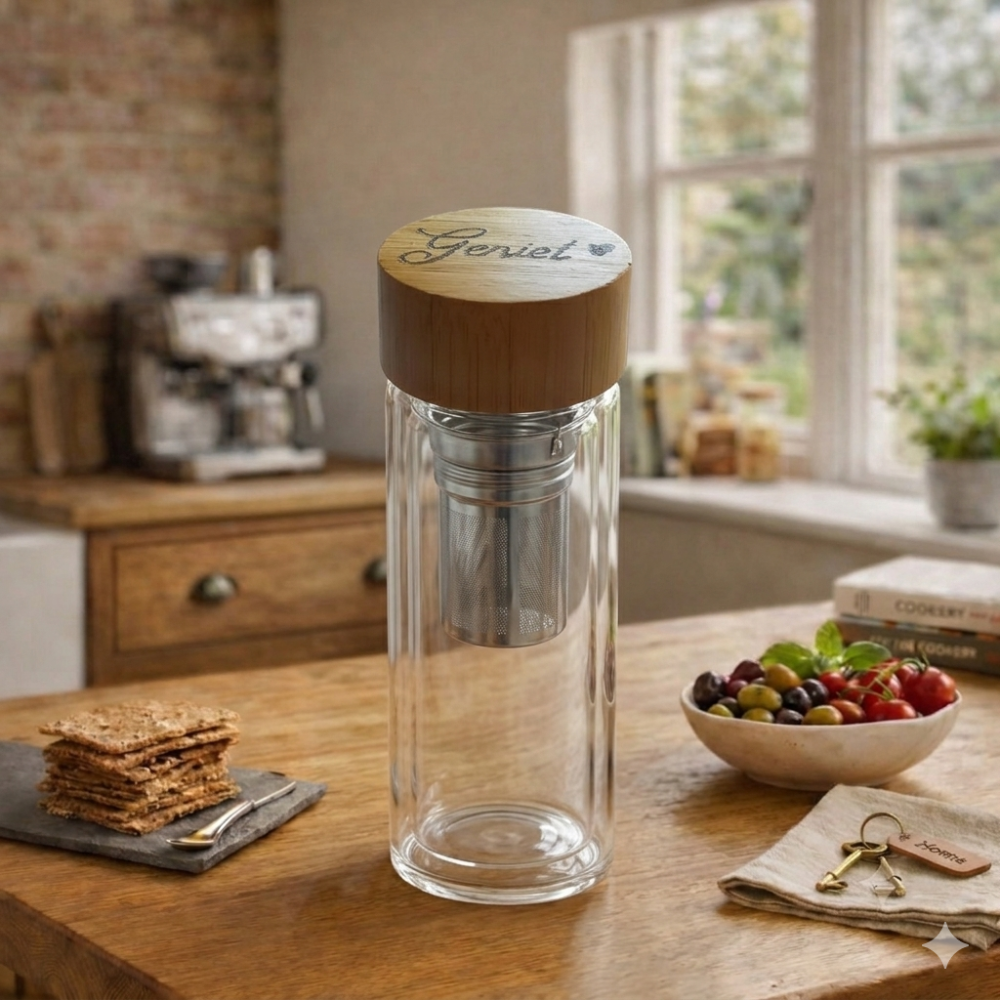 Drinkfles met infuser voor thee - met gebrande tekst Geniet
